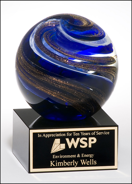 Art glass globe with blue, white and metallic gold highlights