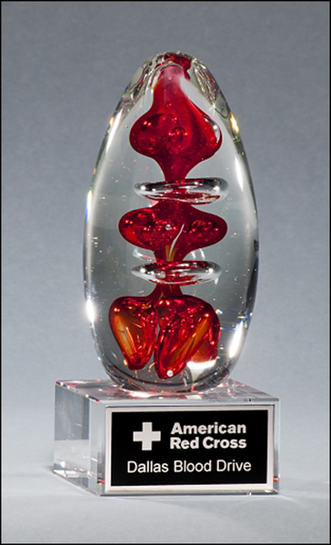 Egg-Shaped Red Art Glass Award on Clear Glass Base