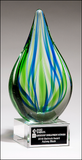 Droplet-Shaped Blue and Green Art Glass Award with Clear Glass Base