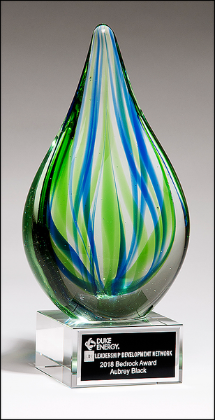 Droplet-Shaped Blue and Green Art Glass Award with Clear Glass Base