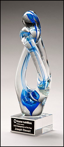 Contemporary Art Glass Sculpture with Blue Accent on Clear Glass Base