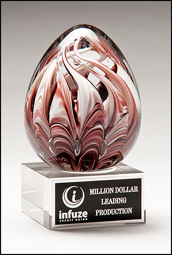 Egg-Shaped Burgundy and White Art Glass Award on Clear Glass Base