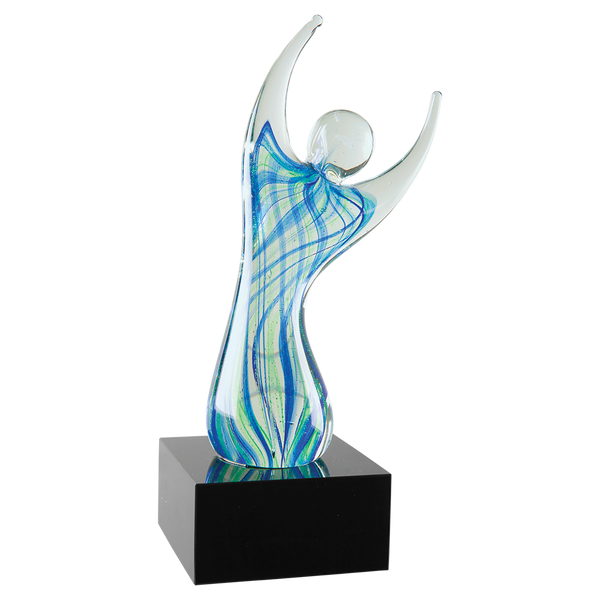 9" Raised Arms Art Glass with Square Black Base Award