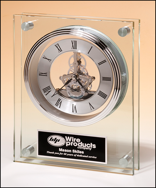 Contemporary Styled Large Glass Clock with Silver Skeleton Movement