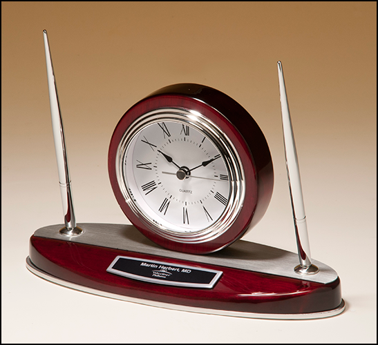 Rosewood Piano Finisg Desk Clock with Pen Set