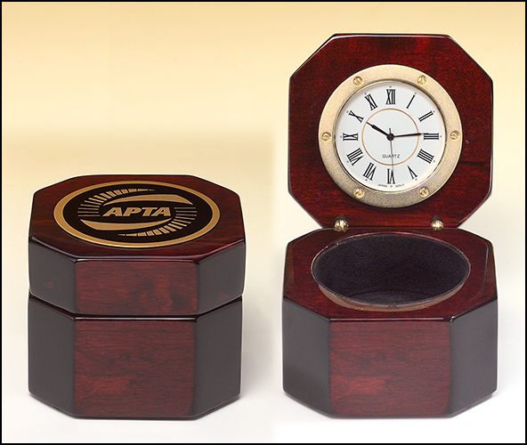 Rosewood piano-finish desktop clock with storage area