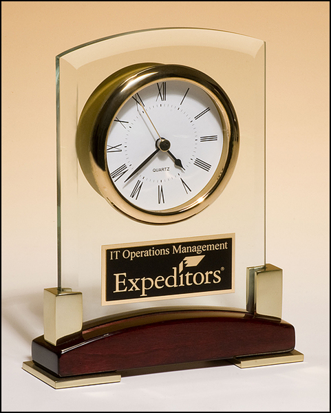 Beveled glass desktop clock with rosewood piano-finish base with gold metal accents
