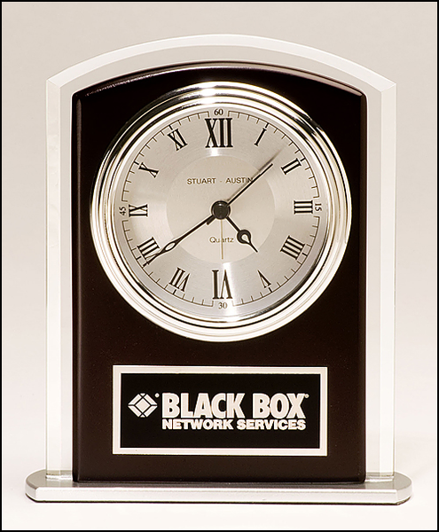 Beveled glass clock with wood accent