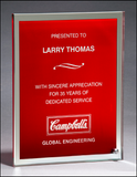 Glass plaque with red silk screened center and mirror border