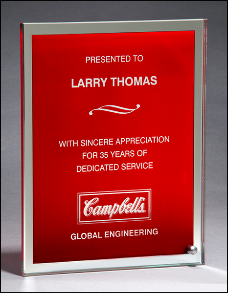 Glass plaque with red silk screened center and mirror border