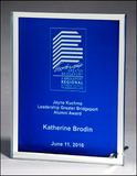 Glass plaque with blue silk screened center and mirror border