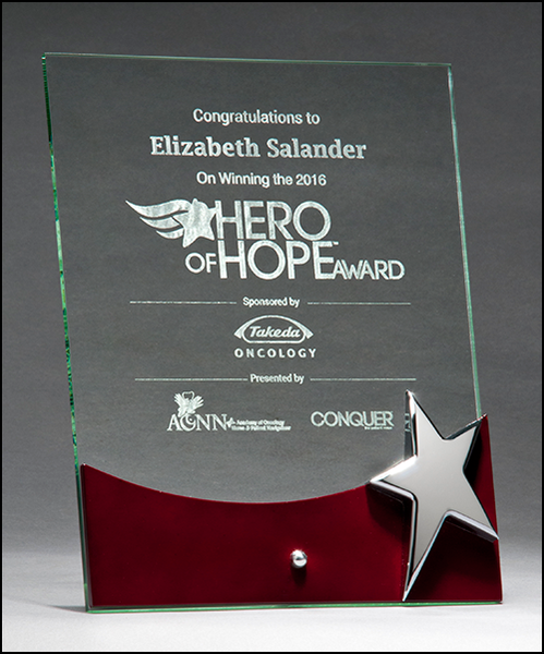 Free standing glass award with high gloss rosewood accent and silver star