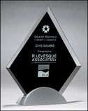 Diamond-shaped glass award with black silk screen on silver metal base