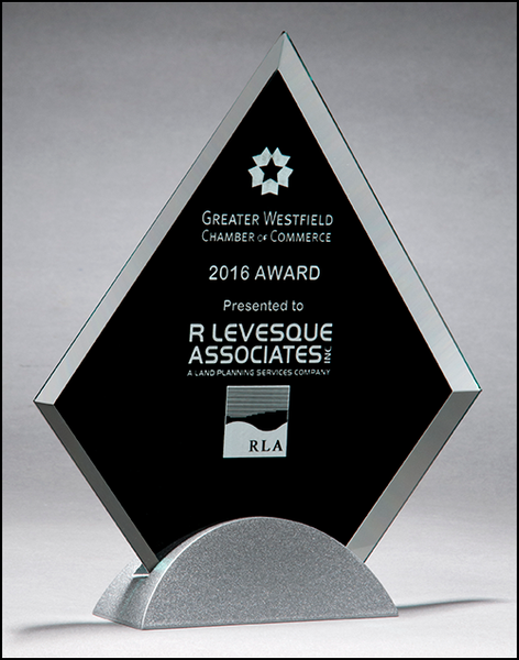 Diamond-shaped glass award with black silk screen on silver metal base
