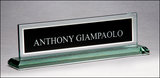 Glass name plate with black silk screened engraving area and mirror border
