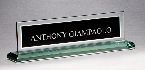 Glass name plate with black silk screened engraving area and mirror border