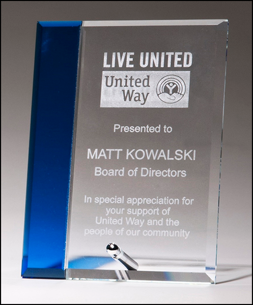 Clear glass award with silver plated easel post and sapphire blue highlight