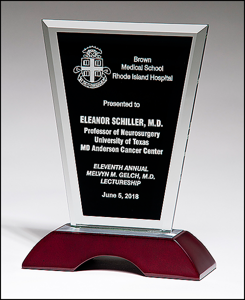 Glass Award with Black Silk Screened Center on High Gloss Rosewood Base