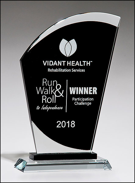 Sail-Shaped Glass Award with Black Center on Glass Base with Black Pedestal