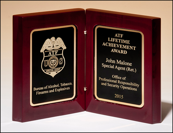 High gloss rosewood stained book award with gold plates