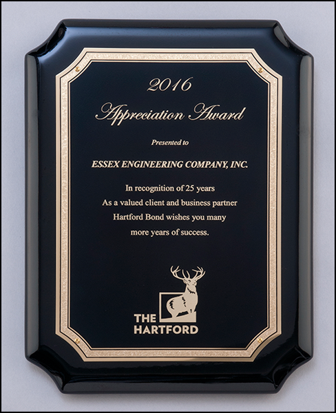 High gloss black stained plaque with gold florentine border plate