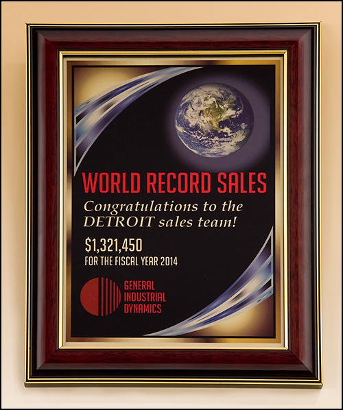 High gloss mahogany stained frame with gold sublimatable plate