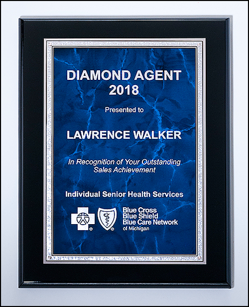 Black High Lustr plaque with a blue marble plate with silver florentine border