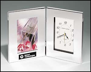 Combination clock and photo frame in polished silver aluminum