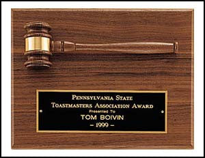 American walnut gavel plaque with horizontal walnut gavel