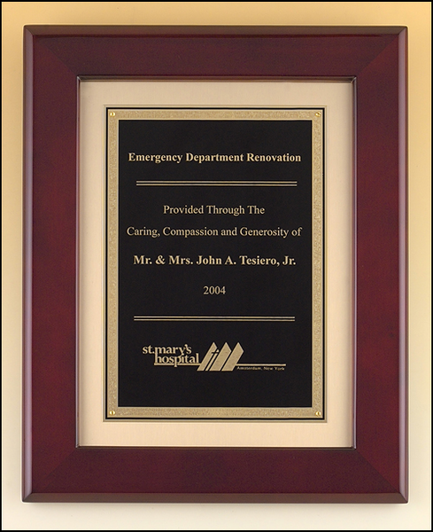 Rosewood stained piano finish frame with black brass engraving plate on brush gold metal background